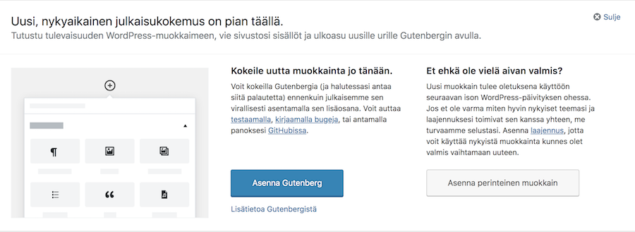 Gutenberg mahdollista ottaa käyttöön jo versiossa 4.9.8