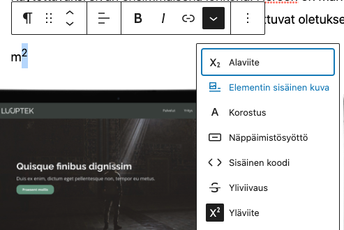 Teksin muotoilu gutenberg-editorin tekstin muokkaustilassa