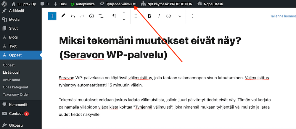 Kuva välimuistin tyhjentämiseen wp-palvelussa