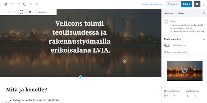 velicons.fi hallintanäkymää etusivulla