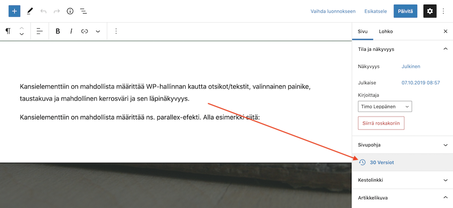 Versioinnin sijainti WP-sivun editointinäkymässä