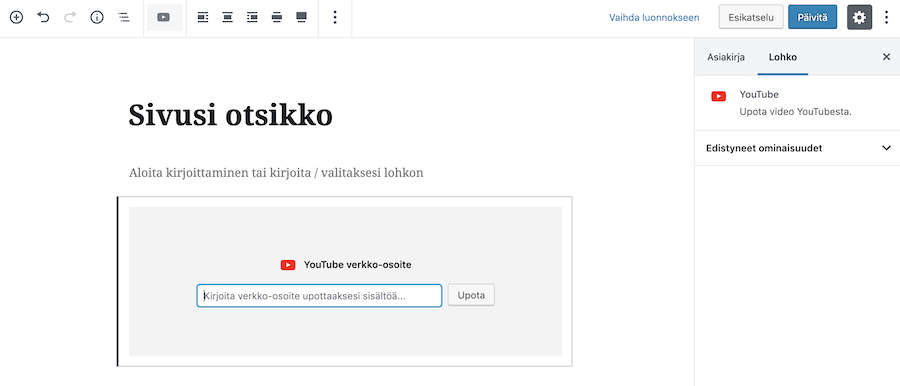 Lisää Youtube-videon URL varattuun kenttään ja paina Upota